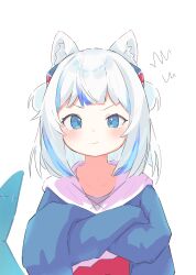 Rule 34 | 1girl, animal costume, animal ears, annoyed, bad id, bad pixiv id, blue eyes, blue hair, blue hoodie, cat ears, closed mouth, crossed arms, fins, fish tail, gawr gura, gawr gura (1st costume), hair ornament, highres, hololive, hololive english, hood, hoodie, inaririn, looking at viewer, medium hair, multicolored hair, pout, shark costume, shark girl, shark hair ornament, shark tail, simple background, sleeves past wrists, solo, squiggle, streaked hair, tail, two side up, v-shaped eyebrows, virtual youtuber, white background, white hair