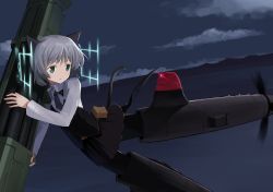 Rule 34 | 1girl, animal ears, belt pouch, black necktie, black pantyhose, cat ears, cat tail, cloud, green eyes, grey hair, highres, hirschgeweih antennas, long sleeves, military, military uniform, narotake, necktie, night, pantyhose, parted lips, pouch, rocket launcher, sanya v. litvyak, short hair, skirt, sky, solo, strike witches, striker unit, tail, uniform, weapon, world witches series