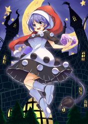 Rule 34 | 1girl, blue eyes, blue hair, blush, book, capelet, castle, commentary, doremy sweet, dream soul, dress, hat, highres, looking at viewer, moon, nightcap, open mouth, pom pom (clothes), short sleeves, smile, socks, solo, star (symbol), tail, tanasuke, tapir tail, touhou, tower, tree, white socks