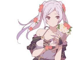 Rule 34 | 1girl, 343rone, bare shoulders, bouquet, brown eyes, dress, fire emblem, fire emblem awakening, fire emblem heroes, flower, grey hair, hair flower, hair ornament, highres, holding, holding bouquet, long hair, looking to the side, nintendo, official alternate costume, robin (female) (fire emblem), robin (female) (valentine) (fire emblem), robin (fire emblem), solo, twintails, upper body, white background, white dress