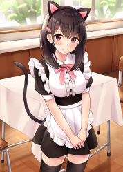 Rule 34 | 1girl, apron, black dress, black hair, black thighhighs, breasts, center frills, chair, closed mouth, collared shirt, commentary request, dress, frilled apron, frills, hair between eyes, highres, indoors, medium breasts, original, pleated dress, puffy short sleeves, puffy sleeves, red eyes, school chair, shirt, short sleeves, smile, solo, standing, thighhighs, waitress, white apron, white shirt, window, wooden floor, yukimaru217