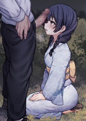 Rule 34 | 1boy, 1girl, black hair, blue hair, blush, bow, braid, brown footwear, censored, commentary request, from side, grass, grey shirt, hand on own hip, hands on lap, highres, idolmaster, idolmaster shiny colors, imminent fellatio, japanese clothes, jp06, kimono, long hair, looking at another, looking up, lower body, morino rinze, mosaic censoring, open mouth, outdoors, pants, penis, penis awe, sandals, seiza, shirt, shoes, sitting, sweatdrop, twin braids, zouri