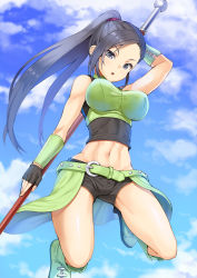 Rule 34 | 1girl, abs, bare shoulders, blue eyes, breasts, dragon quest, dragon quest xi, fingerless gloves, full body, gloves, large breasts, long hair, looking at viewer, martina (dq11), midriff, muratataichi, navel, ponytail, solo