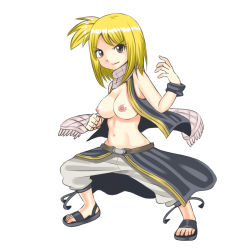 Rule 34 | 1girl, bare shoulders, blonde hair, boyboyboya, breasts, brown eyes, cosplay, fairy tail, female focus, lucy heartfilia, natsu dragneel (cosplay), navel, nipples, one side up, open clothes, sandals, scarf, short hair, simple background, sleeveless, solo, vest, white background, wristband