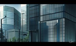 Rule 34 | bad id, bad pixiv id, blue sky, building, city, cityscape, commentary request, hakuurei amano, highres, letterboxed, no humans, original, outdoors, reflection, scenery, sky, skyscraper, traffic light, watermark