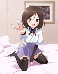 Rule 34 | 1girl, bedroom, between legs, brown eyes, brown hair, foreshortening, hakama, hakama short skirt, hakama skirt, hand between legs, happy, hide 0, indoors, japanese clothes, kuroda kunika, looking at viewer, noble witches, on bed, open mouth, outstretched arm, painting (object), pillow, short hair, sitting, skirt, smile, solo, strike witches, thighhighs, v, wariza, world witches series