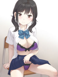 Rule 34 | 1girl, black hair, blue bow, blue bowtie, blue skirt, bow, bowtie, bra, breasts, brown eyes, chair, clothes lift, commentary request, large breasts, lifted by self, looking at viewer, meow (nekodenki), original, panties, pleated skirt, purple bra, purple panties, shirt, short hair, short sleeves, short twintails, sitting, skirt, skirt lift, smile, solo, striped bow, striped bowtie, striped clothes, striped neckwear, twintails, underwear, white shirt