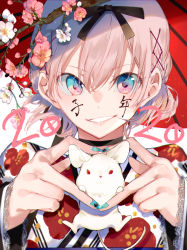 Rule 34 | 1girl, 2020, albino, animal, black choker, black ribbon, blue eyes, blue nails, blush, choker, commentary request, facepaint, flower, grin, hair ornament, hair ribbon, heart, heart hands, highres, long sleeves, looking at viewer, miwano rag, mouse (animal), multicolored eyes, nail art, nail polish, oil-paper umbrella, original, parted lips, pink eyes, pink flower, pink hair, ribbon, short hair, simple background, sleeves past wrists, smile, solo, teeth, umbrella, upper teeth only, v-shaped eyebrows, white background, white flower, x hair ornament