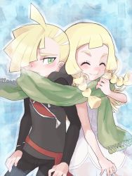 Rule 34 | 1boy, 1girl, bad id, bad pixiv id, blonde hair, brother and sister, closed eyes, creatures (company), dress, game freak, gladion (pokemon), green eyes, hair over one eye, lillie (pokemon), long hair, nintendo, npc trainer, pokemon, pokemon sm, scarf, shared clothes, shared scarf, siblings, team skull
