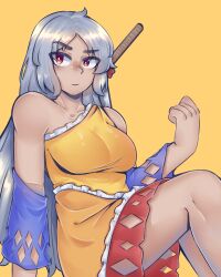 Rule 34 | 1girl, :|, absurdres, averageairhead, bare shoulders, blue sleeves, breasts, cleaver, closed mouth, collarbone, commentary, detached sleeves, diamond cutout, dress, grey hair, highres, large breasts, long hair, looking at viewer, multicolored clothes, multicolored dress, nata (tool), orange dress, red dress, red eyes, sakata nemuno, simple background, single-shoulder dress, single strap, solo, touhou, very long hair, yellow background, yellow dress
