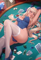 Rule 34 | 1girl, ace (playing card), ace of diamonds, ace of spades, animal ears, aqua bow, aqua bowtie, arm pillow, artist name, blonde hair, blue archive, blue bow, blue eyes, blue footwear, blue hair, blue leotard, bow, bowtie, braid, breasts, bulge, card, covered navel, detached collar, diamond (shape), exlic, fake animal ears, floating card, futanari, hair bow, hand on own chest, high heels, highleg, highleg leotard, highres, knee up, large breasts, leotard, light smile, long hair, looking at viewer, lying, multicolored hair, no halo, official alternate costume, on back, on table, parted lips, patreon username, playboy bunny, playing card, poker chip, poker table, pumps, rabbit ears, solo, spade (shape), strapless, strapless leotard, streaked hair, table, teeth, thighhighs, toki (blue archive), toki (bunny) (blue archive), very long hair, white thighhighs, white wrist cuffs, wrist cuffs