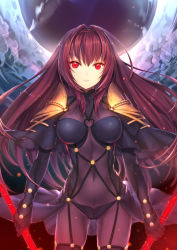 Rule 34 | 1girl, armor, bodysuit, breasts, capelet, covered navel, cowboy shot, eyebrows, fate/grand order, fate (series), gae bolg (fate), glint, glowing, glowing weapon, holding, holding weapon, large breasts, long hair, looking at viewer, parted lips, purple bodysuit, purple hair, red eyes, sakuyosi, scathach (fate), serious, shoulder pads, skin tight, solo, very long hair, weapon
