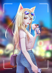 Rule 34 | 1girl, ahri (league of legends), alternate costume, animal ears, ass, bag, blonde hair, blurry, blurry background, breasts, denim, eyewear on head, food, fox ears, fox tail, grey shirt, highres, holding, holding phone, ice cream, ice cream cone, jeans, k/da (league of legends), k/da ahri, large breasts, league of legends, long hair, medium breasts, pants, phone, purple bag, shirt, short sleeves, solo, standing, sunglasses, tail, tongue, tongue out, xiuluoyi00, yellow eyes
