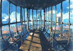 absurdres blue_sky building cloud cloudy_sky day highres house industrial_pipe no_humans original painting_(medium) sanegesan scenery shadow sky sunlight tower traditional_media valve window