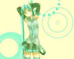 Rule 34 | 1girl, aqua eyes, aqua hair, arms behind back, arms up, bad id, bad pixiv id, belt, expressionless, hatsune miku, head tilt, iko (i-my-16), long hair, looking at viewer, necktie, shirt, sleeveless, sleeveless shirt, solo, twintails, very long hair, vocaloid