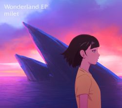 Rule 34 | 1girl, album cover, birthday wonderland, black hair, brown eyes, cloud, cover, from side, ilya kuvshinov, lips, looking away, official art, outdoors, parted lips, profile, shirt, short hair, solo, sunset, t-shirt, upper body, wind