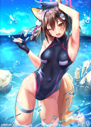 Rule 34 | 1girl, aekun cben, animal ears, armpits, arms up, blue archive, blue one-piece swimsuit, brown hair, fang, fox ears, fox girl, fox shadow puppet, fox tail, gloves, highleg, highleg swimsuit, highres, izuna (blue archive), ocean, one-piece swimsuit, one eye closed, partially fingerless gloves, partially submerged, short hair, skin fang, swimsuit, tail, thigh strap, water, yellow eyes