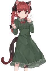 Rule 34 | 1girl, animal ears, bow, braid, cat ears, cat tail, dress, frilled dress, frills, green dress, highres, kaenbyou rin, long sleeves, multiple tails, paw pose, red eyes, red hair, simple background, solo, subaritsuku, tail, touhou, twin braids, two tails, white background