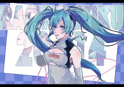 Rule 34 | 1girl, 2014, blue eyes, breasts, character name, cleavage, dress, elbow gloves, floating hair, gloves, goodsmile racing, hatsune miku, headphones, highres, letterboxed, logo, looking at viewer, medium breasts, mugi (marineblue134), parted lips, pink lips, racing miku, racing miku (2014), sidelocks, signature, sleeveless, sleeveless dress, solo, twintails, vocaloid, white dress, white gloves