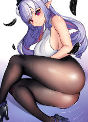 1girl absurdres ahoge ass bare_arms black_feathers breasts crying crying_with_eyes_open drill_hair feathers frown furrowed_brow high_heels highres large_breasts legs long_hair looking_at_viewer lying mole mole_under_eye nicchi on_side pantyhose pointy_ears purple_hair red_eyes shirt sideboob sleeveless sleeveless_shirt solo swept_bangs tears thick_thighs thighs twin_drills very_long_hair vivian_(zenless_zone_zero) white_shirt zenless_zone_zero