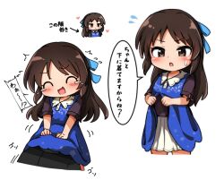 Rule 34 | 1boy, 1girl, arrow (symbol), blue bow, blue dress, blush, bow, brown eyes, brown hair, clothes lift, collar, commentary, dot nose, dress, dress lift, flat chest, flying sweatdrops, hair bow, hands up, heart, idolmaster, idolmaster cinderella girls, lifted by self, long hair, looking at viewer, motion lines, multiple views, open mouth, print dress, producer (idolmaster), serious, short sleeves, sidelocks, speech bubble, sunnysideberry, sweat, tachibana arisu, tears, tickling, translation request, trembling, under skirt, upper body, v-shaped eyebrows, wavy mouth, white background, white collar