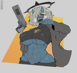 Rule 34 | 1girl, abs, absurdres, black nails, blue skin, breasts, breath, cleavage, colored skin, covered erect nipples, fingernails, genderswap, genderswap (mtf), guilty gear, guilty gear strive, gun, halo, happy chaos, highres, holding, holding gun, holding weapon, horns, large breasts, long sleeves, looking at viewer, muscular, muscular female, nail polish, navel, saliva, sharp fingernails, sharp teeth, short hair, solo, taiger, teeth, underboob, upper body, weapon, white hair