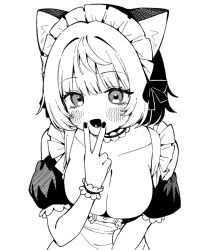 Rule 34 | 1girl, :d, animal ear fluff, animal ears, apron, blush, breasts, cat ears, center frills, cleavage, collarbone, commentary request, dress, frilled apron, frills, greyscale, hair intakes, hand up, looking at viewer, maid, maid headdress, medium breasts, monochrome, nail polish, open mouth, original, puffy short sleeves, puffy sleeves, seramikku, short sleeves, simple background, smile, solo, v over mouth, white background, wrist cuffs