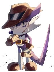 Rule 34 | 1boy, belt, boots, brown belt, brown footwear, brown gloves, brown hat, clenched hands, cowboy hat, fang, fang the sniper, full body, furry, furry male, gloves, hat, highres, looking at viewer, open mouth, plus2sf, purple fur, simple background, solo, sonic (series), tail, two-tone footwear, white background, white footwear