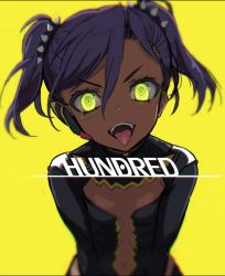 Rule 34 | 10s, 1girl, black hair, bodysuit, character request, commentary request, dark-skinned female, dark skin, earpiece, flat chest, glowing, glowing eyes, green eyes, hair ornament, highres, hundred (light novel), leotard, nakri olfred, ookuma nekosuke, open mouth, solo, spikes, tongue, tongue out, twintails, yellow background