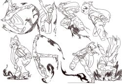 Rule 34 | arms up, ass, backflip, bow, capoeira, fire, fujiwara no mokou, high kick, jumping, kicking, kneeling, long hair, mashitono desu, monochrome, open mouth, smile, stomping, suspenders, touhou