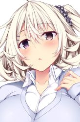 Rule 34 | 1girl, ahoge, bad id, bad twitter id, blonde hair, blue sweater, blush, breasts, brown eyes, collared shirt, commentary, earrings, hair between eyes, hair ornament, hair scrunchie, hand up, jewelry, large breasts, long sleeves, looking at viewer, one side up, original, parted lips, popped collar, purple eyes, scrunchie, shirt, short hair, simple background, solo, suterii, sweater, symbol-only commentary, upper body, white background, white shirt, wing collar