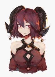 Rule 34 | 1girl, bell, cleavage cutout, clothing cutout, deel (rkeg), detached sleeves, halterneck, highres, horns, original, red eyes, red hair, red shirt, shirt, short hair, simple background, solo, upper body, white background