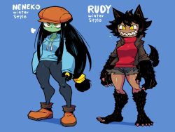 Rule 34 | 2girls, puff of air, alternate costume, animal ears, ankle boots, arms at sides, barefoot, black fur, black hair, black skin, blue hoodie, blue shorts, boots, brown jacket, cabbie hat, claws, closed mouth, colored skin, commentary, dark-skinned female, dark skin, denim, denim shorts, english commentary, fur-trimmed shorts, fur trim, green skin, grey pants, hat, high collar, highres, hood, hood down, hoodie, jacket, long hair, long sleeves, low-tied long hair, mixed-language commentary, monster girl, multiple girls, neneko (rariatto), notice lines, open clothes, open jacket, orange footwear, orange headwear, original, pants, rariatto (ganguri), red sweater, ringed eyes, rudy (rariatto), sharp teeth, short shorts, shorts, sweater, teeth, very long hair, wolf ears, yellow eyes