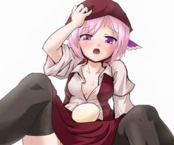 Rule 34 | 1girl, animal ears, ayagi daifuku, bad id, bad pixiv id, black thighhighs, blush, breasts, cleavage, dress, egg, female focus, hat, looking down, lowres, mystia lorelei, open clothes, open mouth, open shirt, pink hair, purple eyes, shirt, simple background, sitting, solo, spread legs, thighhighs, touhou, white background, wide sleeves, zettai ryouiki