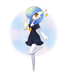 Rule 34 | 1girl, alternate color, artist name, black dress, blue background, blue hair, blush, blushpumpkin, breasts, cleavage, creatures (company), dress, female focus, full body, game freak, gardevoir, gen 3 pokemon, hair over one eye, hand up, highres, leg up, looking at viewer, medium breasts, nintendo, open mouth, orange eyes, outline, pokemon, pokemon (creature), shiny pokemon, short hair, short sleeves, signature, simple background, smile, solo, sparkle, standing, standing on one leg, text focus, v, white background