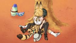 Rule 34 | 10s, animal ears, artist request, backpack, bag, black gloves, black hair, blush, bucket hat, gloves, hat, hat feather, highres, kaban (kemono friends), kemono friends, lucky beast (kemono friends), pantyhose, red shirt, serval (kemono friends), serval print, serval tail, shirt, short hair, sleeveless, sleeveless shirt, striped tail, tail, tree, under tree, yuri