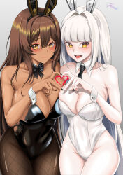 Rule 34 | 2girls, 777 (nikke), :d, absurdres, animal ears, backless leotard, bare shoulders, black bow, black bowtie, black leotard, black nails, black necktie, blanc (nikke), blunt bangs, blush, bow, bowtie, breasts, brown hair, cleavage, closed mouth, collarbone, commentary, cowboy shot, dark-skinned female, dark skin, detached collar, fake animal ears, fishnet pantyhose, fishnets, goddess of victory: nikke, groin, hair between eyes, heart, heart hands, heart hands duo, highleg, highleg leotard, highres, large breasts, leotard, long hair, looking at viewer, medium breasts, multiple girls, necktie, noir (nikke), open mouth, pantyhose, playboy bunny, rabbit ears, ramiki (ramesgoag), siblings, sidelocks, signature, simple background, sisters, smile, standing, strapless, strapless leotard, teeth, thong leotard, twins, very long hair, white hair, white leotard, white nails, wrist cuffs, yellow eyes