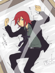 Rule 34 | 1boy, black jacket, black necktie, black pants, blue eyes, closed mouth, collared shirt, english text, green shirt, hair between eyes, insect pin, jacket, long sleeves, looking to the side, loose necktie, n z m, necktie, pants, red hair, shirt, short hair, soul eater, spirit albarn, translation request