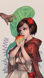 Rule 34 | 1girl, apple, bag, blue eyes, brown hair, food, fruit, hairband, handbag, highres, holding, holding food, holding fruit, looking at another, open mouth, original, racoona, red hood, short hair, snow white