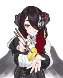 Rule 34 | 1girl, bare shoulders, black hair, black wings, braid, breasts, chopsticks, colored inner hair, dasdokter, demon horns, feeding, fingernails, food, highres, holding, holding chopsticks, hololive, hololive english, horns, incoming food, large breasts, long hair, looking at viewer, mamarissa ravencroft, mature female, mole, mole under eye, multicolored hair, open mouth, red eyes, red nails, side braid, smile, two-tone hair, virtual youtuber, wings