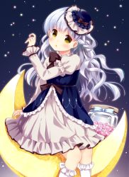 Rule 34 | 1girl, :o, bad id, bad pixiv id, black bow, black bowtie, black hat, blue ribbon, blush, bow, bowtie, braid, crescent, dress, fedora, feet out of frame, food, frilled sleeves, frilled socks, frills, gradient background, grey dress, hat, hat bow, holding, irori, jar, juliet sleeves, kneehighs, layered dress, lolita fashion, long hair, long sleeves, looking at viewer, mini hat, on crescent, open mouth, original, puffy sleeves, ribbon, side braid, silver hair, sitting, socks, solo, sweets, tareme, very long hair, wavy hair, white socks, yellow eyes