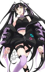 Rule 34 | 1girl, black bow, black hair, black jacket, black ribbon, black shirt, blouse, blunt bangs, bow, bow legwear, breasts, cleavage, closed mouth, commentary request, crop top, cross-laced clothes, cross-laced sleeves, demon girl, demon horns, demon tail, feet out of frame, gin (tttetu123), heart, heart print, highres, horns, jacket, jewelry, kojo anna, kojo anna (1st costume), leg ribbon, long hair, long sleeves, looking at viewer, looking down, medium breasts, multicolored hair, nanashi inc., navel, open clothes, open jacket, over-kneehighs, pointy ears, purple hair, purple thighhighs, ribbon, ring, russian text, see-through, see-through cleavage, see-through shirt, shirt, simple background, sleeveless, sleeveless shirt, smile, solo, sugar lyric, tail, thigh strap, thighhighs, tongue, tongue out, transparent background, twintails, two-tone hair, v, virtual youtuber, yellow eyes, zipper