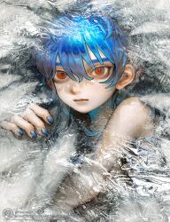 Rule 34 | 1boy, artist name, blue hair, blue nails, closed mouth, expressionless, fingernails, gradient background, hair between eyes, haruwosi, highres, long hair, looking at viewer, male focus, nail polish, original, red eyes, sidelocks, simple background, solo, upper body