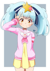 Rule 34 | 1girl, bad id, bad pixiv id, blue hair, blue ribbon, blush, closed mouth, commentary request, cowboy shot, dress, hair ornament, hair ribbon, hand up, heart, hoshikawa lily, jacket, long hair, long sleeves, looking at viewer, m/, naruse mai, neckerchief, open clothes, open jacket, pink jacket, pink neckerchief, pink sailor collar, pretty series, pripara, ribbon, sailor collar, school uniform, simple background, sleeves past wrists, sleeves rolled up, smile, solo, standing, star (symbol), star hair ornament, striped, tareme, twintails, yellow dress, yellow eyes, zombie land saga