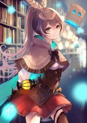 Rule 34 | 1girl, ahoge, belt, blurry, blurry background, bookshelf, bow, breasts, brown belt, brown bow, brown capelet, brown eyes, brown hair, brown thighhighs, cape, capelet, cleavage, commentary request, corset, cowboy shot, feather hair ornament, feathers, friend (nanashi mumei), frilled skirt, frills, hair between eyes, hair ornament, hairclip, highres, hololive, hololive english, indoors, lantern, long hair, long sleeves, looking at viewer, medium breasts, nanashi mumei, pleated skirt, red skirt, skirt, standing, thigh strap, thighhighs, virtual youtuber, xyunx