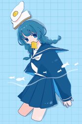 Rule 34 | 1girl, arms behind back, blue background, blue eyes, blue hair, blue sailor collar, blue serafuku, blue shirt, blue skirt, blunt bangs, braid, bread, bread slice, commentary, cropped legs, dot nose, drop shadow, fish, floating hair, food, fried egg, from side, grid background, highres, legs apart, long hair, long sleeves, looking at viewer, low twin braids, miniskirt, mouth hold, neckerchief, original, own hands together, pleated skirt, sailor collar, school uniform, serafuku, shirt, sidelocks, simple background, skirt, sliced cheese, solo, sskitaco, symbol-only commentary, toast, twin braids, white neckerchief