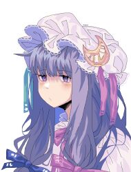 Rule 34 | 1girl, blue bow, bow, braid, crescent, crescent hat ornament, expressionless, hair bow, hat ornament, highres, long hair, looking at viewer, moonii desu, patchouli knowledge, purple bow, purple eyes, purple hair, shirt, solo, touhou, twin braids, white background, white headwear, white shirt