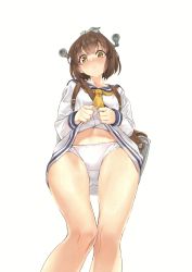 Rule 34 | 1girl, absurdres, blush, brown eyes, brown hair, closed mouth, clothes lift, collarbone, dress, dress lift, hair ornament, highres, kantai collection, lifting own clothes, long sleeves, looking at viewer, looking down, panties, scan, simple background, skirt, skirt lift, solo, underwear, white background, white panties, yahako, yukikaze (kancolle)