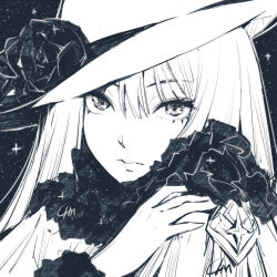 Rule 34 | 1girl, :|, absurdres, apu-chm, closed mouth, expressionless, flower, greyscale, hair between eyes, hand on own shoulder, hat, hat flower, highres, long bangs, long hair, looking at viewer, monochrome, original, portrait, shirt, solo, straight hair