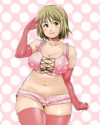 Rule 34 | 10s, 1girl, blush, breasts, brown eyes, cleavage, elbow gloves, ganto, gloves, hair ornament, idolmaster, idolmaster cinderella girls, large breasts, latex, latex gloves, light brown hair, mimura kanako, navel, plump, polka dot, polka dot background, short hair, smile, solo, thick thighs, thighhighs, thighs, wide hips